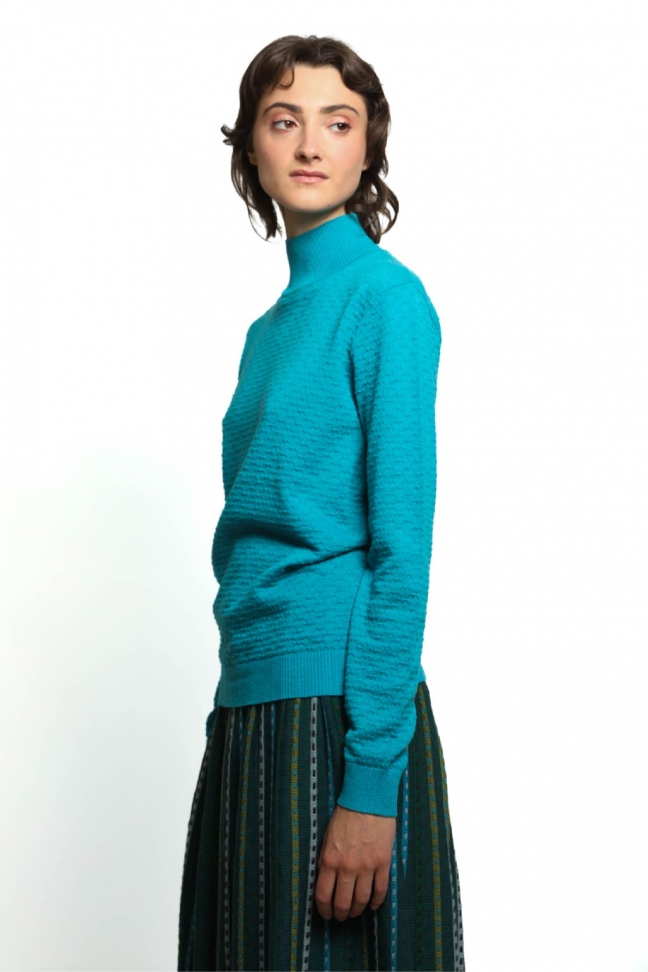 Pull col montant YES turquoise